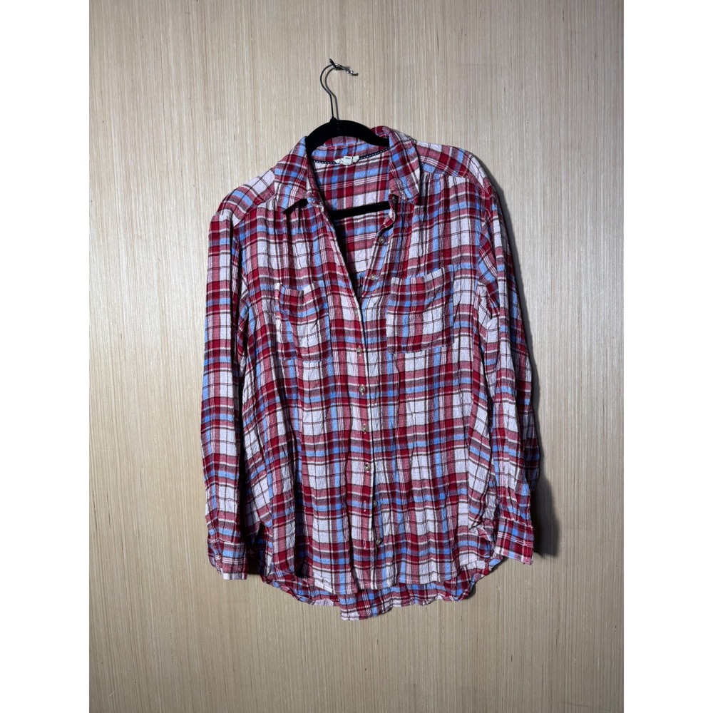 Pilcro Anthropologie Womens Small Red Blue Plaid Flannel Button Down Shirt S